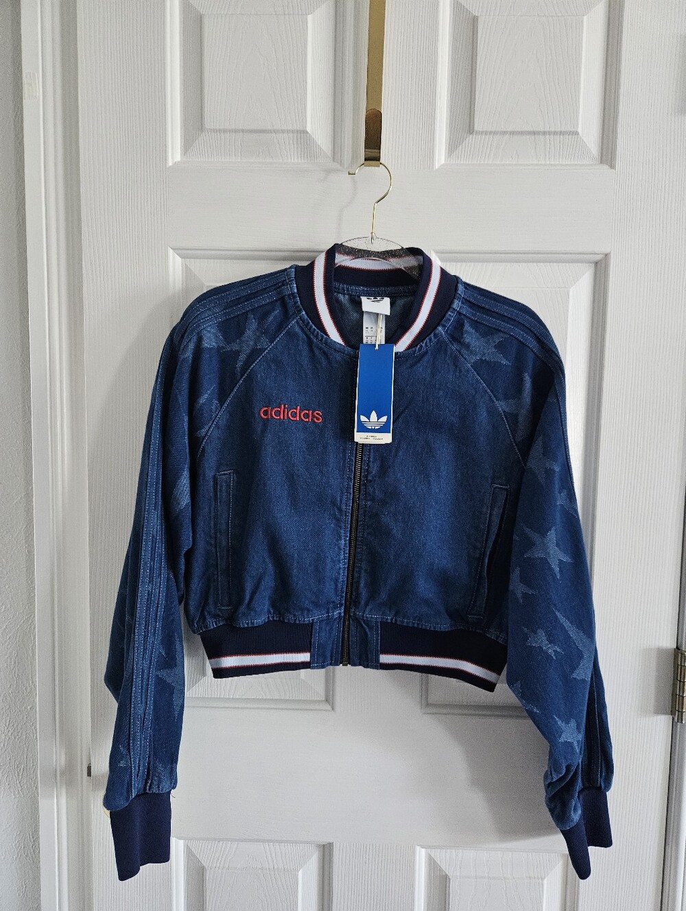NWT Adidas Originals Denim Graphic Varsity Bomber Jacket